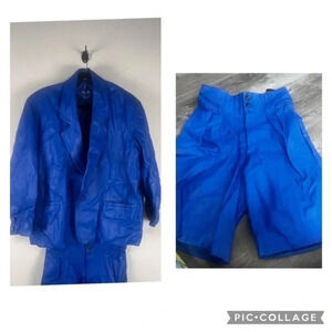 Royal Blue Genuine Leather Cropped Jacket And High Waist Shorts Set
